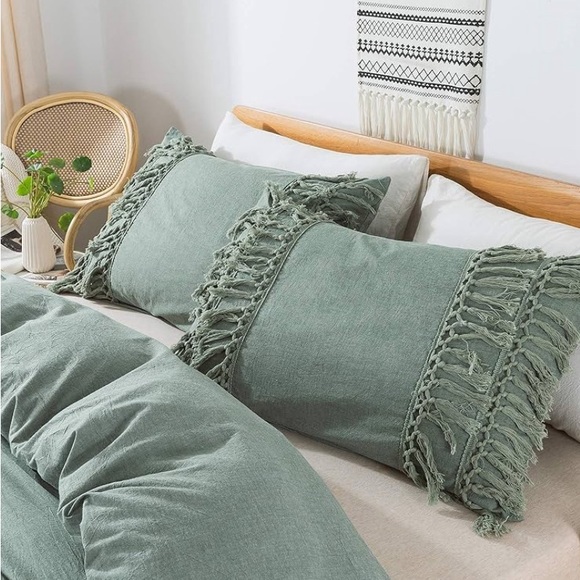 NEW Softta Vintage Tassel Bedding Set Green, Twin, 3 pc Duvet Cover Set, Cotton - Picture 8 of 8